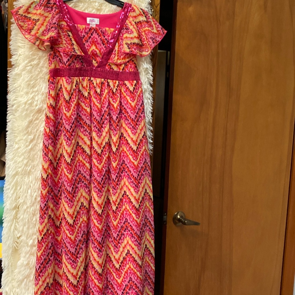 Justice Girl’s Beautiful Full Ankle Length Sheer Belted Dress. Size 14